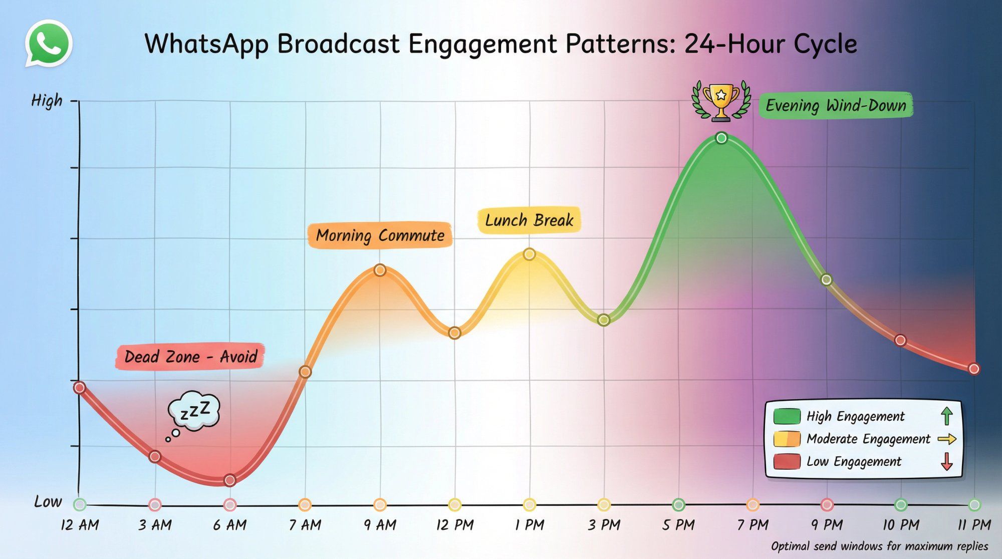 24-hour WhatsApp engagement chart showing peak reply times at 7-9 AM, 12-1 PM, and 5-7 PM, with dead zones from 10 PM to 6 AM