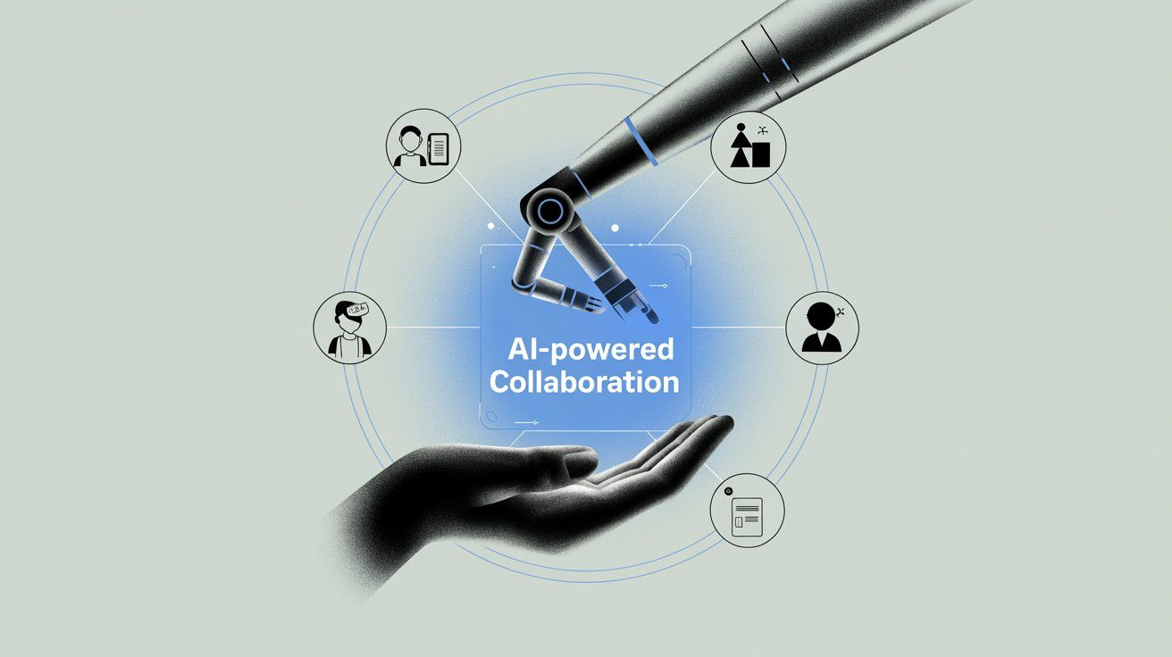 Professional illustration showing AI and human hands reaching toward each other in collaboration, representing seamless AI-powered workflow integration in customer service