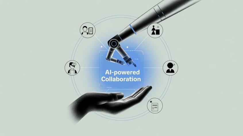 Professional illustration showing AI and human hands reaching toward each other in collaboration, representing seamless AI-powered workflow integration in customer service