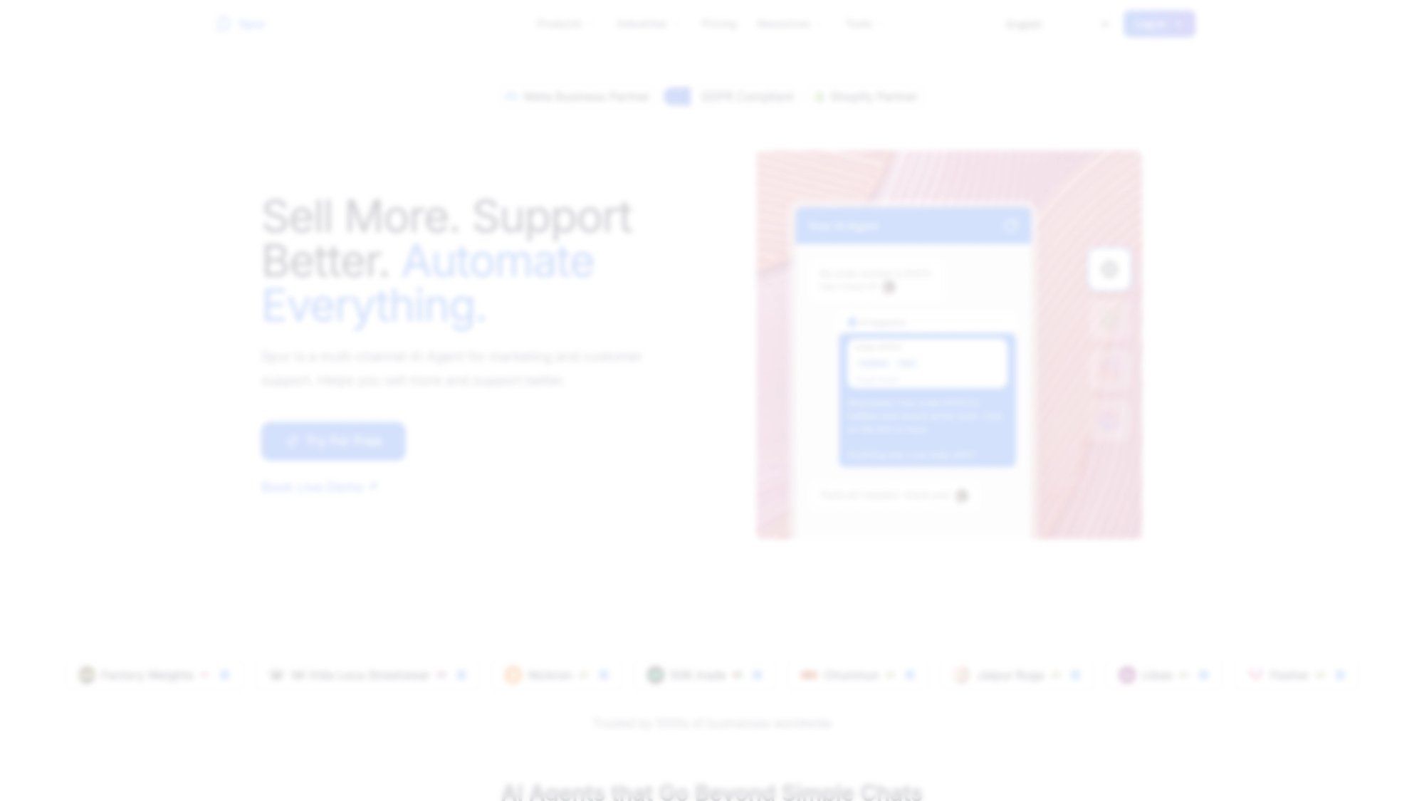 Spur homepage showcasing unified multi-channel AI messaging platform with WhatsApp, Instagram, Facebook automation capabilities