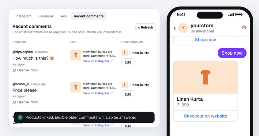In the Recent comments list, a product from the catalogue is linked to a post that had none, older comments stay switched on, and the customer who asked the price gets the product in their Instagram DMs