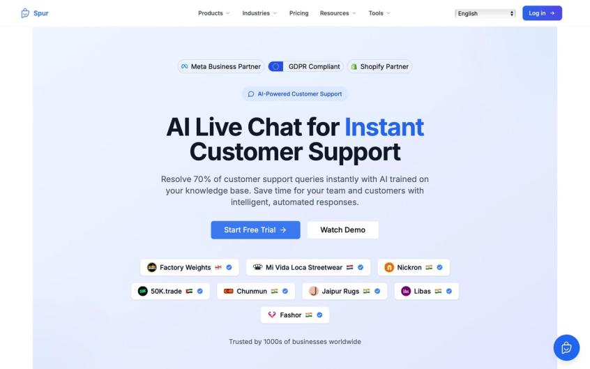 Spur website promoting AI Live Chat for instant customer support, trusted by various businesses.