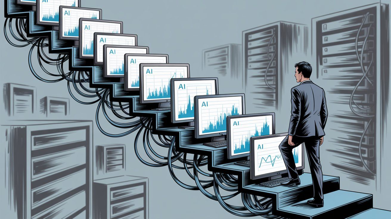 Professional illustration showing escalating AI costs as computers increasing in size on stairs