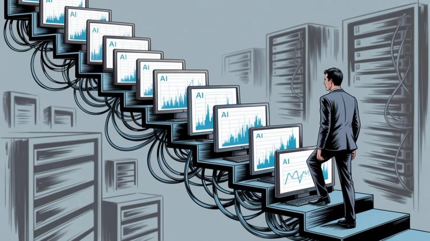 Professional illustration showing escalating AI costs as computers increasing in size on stairs