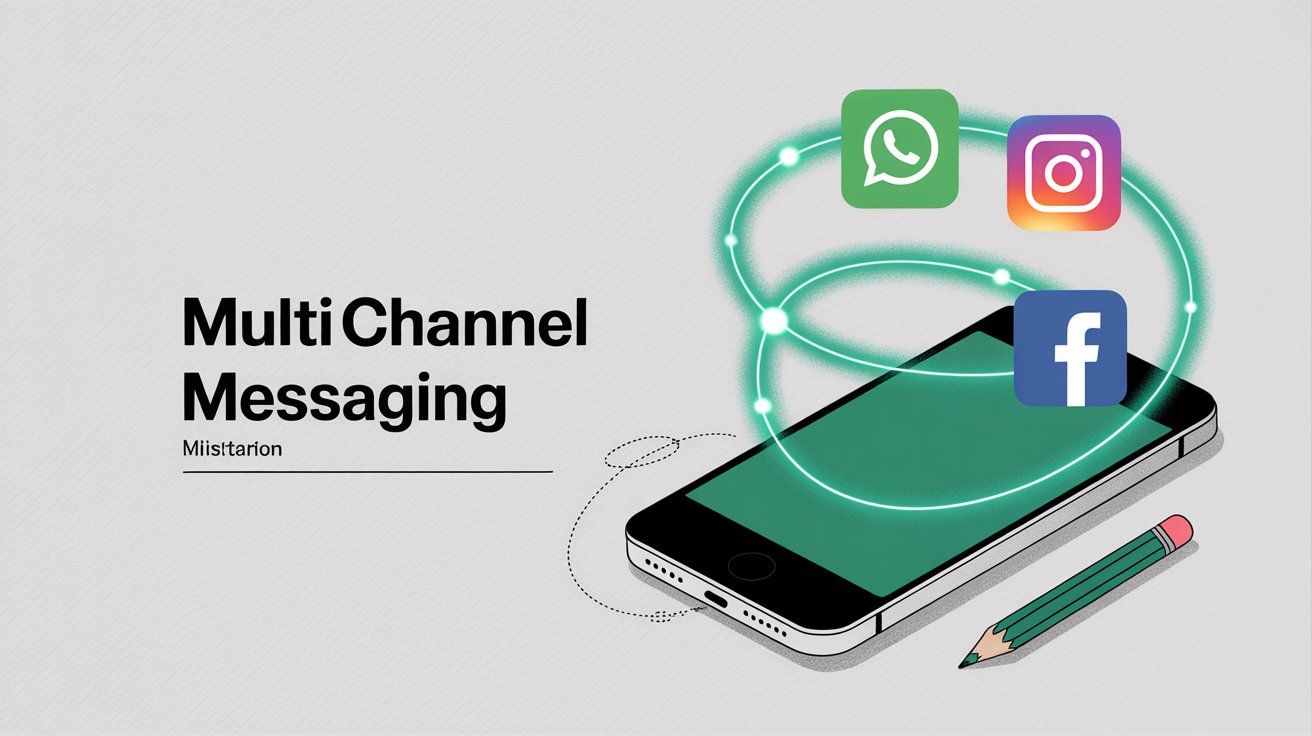 Multi-channel deployment concept showing a chatbot connecting to various messaging platforms including WhatsApp, Instagram, Facebook Messenger, web chat, and mobile apps from a central hub