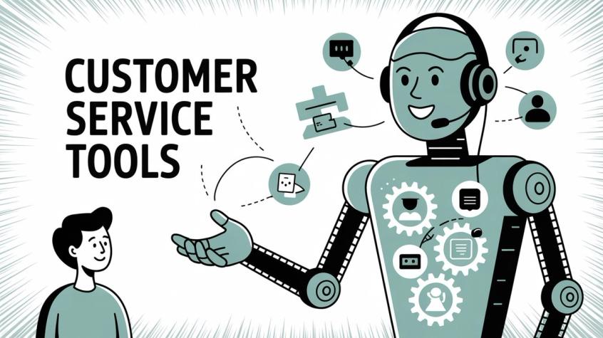 Customer service tools concept illustration showing an AI customer service agent with various support tools and features, representing comprehensive platform capabilities