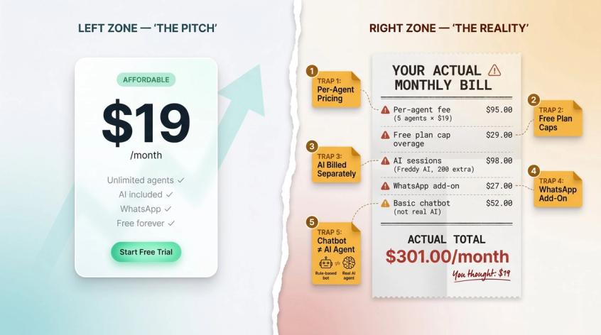 Split infographic comparing cheap live chat sticker price vs real bill with five hidden cost traps annotated