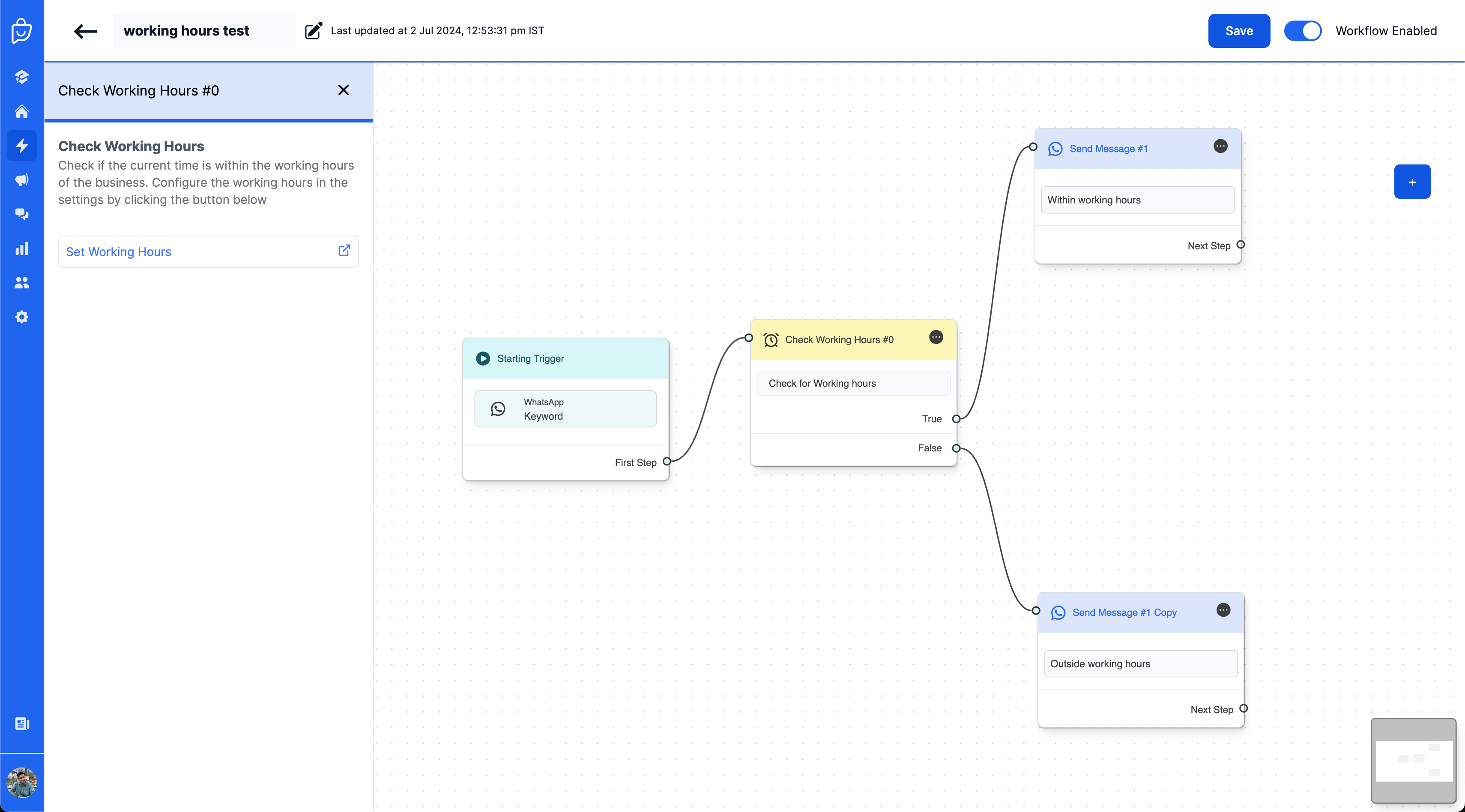 A sample flow with the Working Hours block