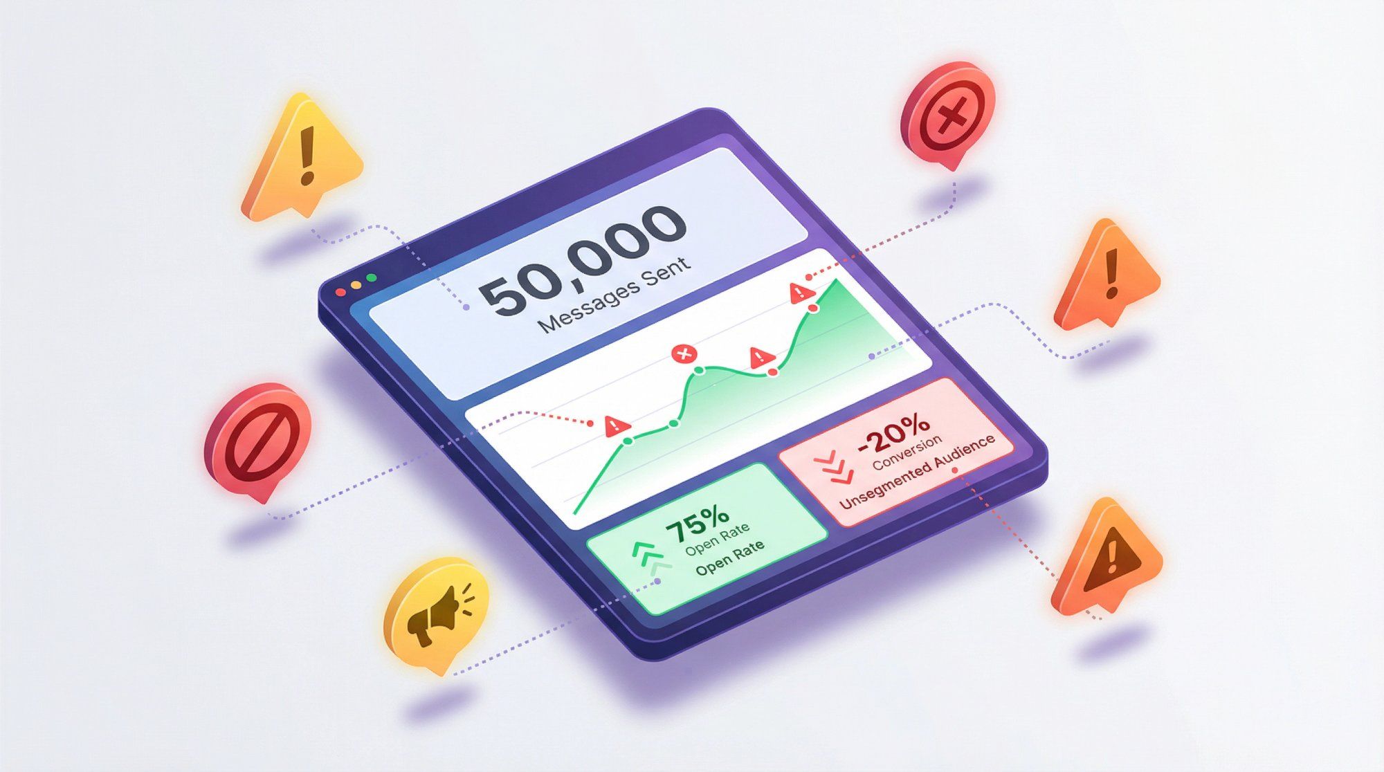 Isometric illustration of analytics dashboard with warning markers highlighting common WhatsApp tracking mistakes
