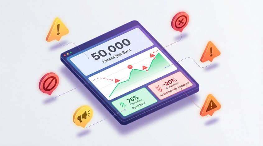 Isometric illustration of analytics dashboard with warning markers highlighting common WhatsApp tracking mistakes