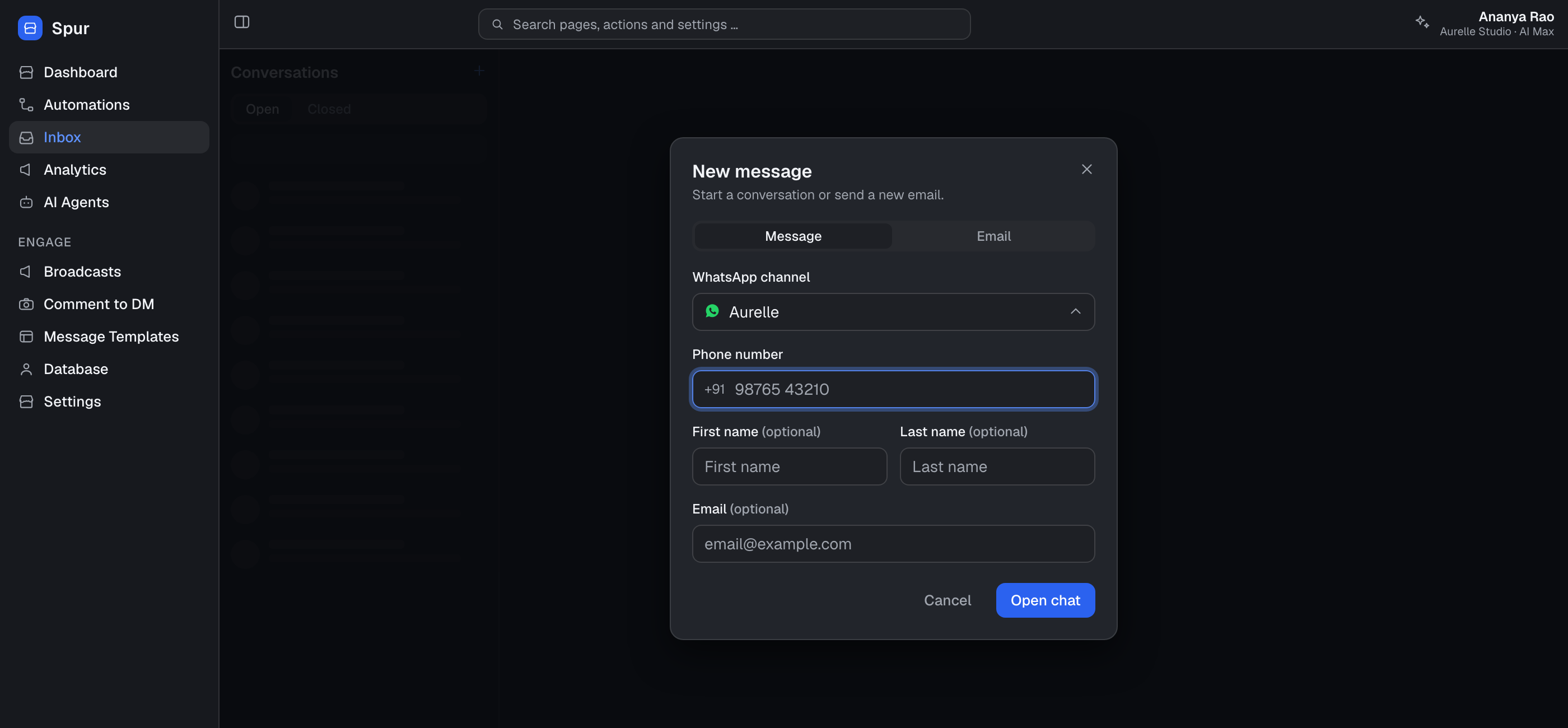 Spur New message dialog with Message and Email tabs, a WhatsApp channel selector and a phone number field