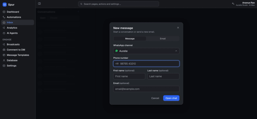 Spur New message dialog with Message and Email tabs, a WhatsApp channel selector and a phone number field