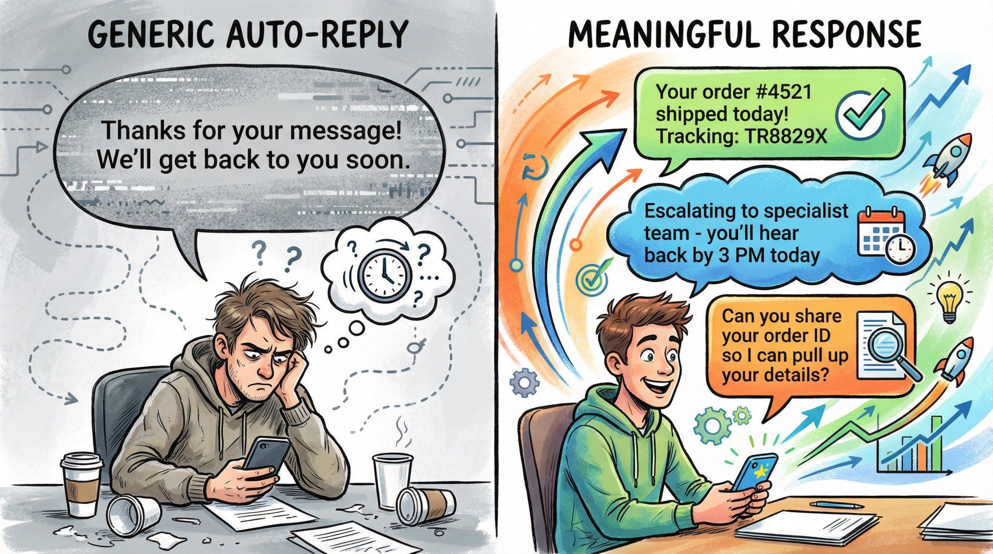 Split comparison showing generic auto-reply versus meaningful first response with three outcome types