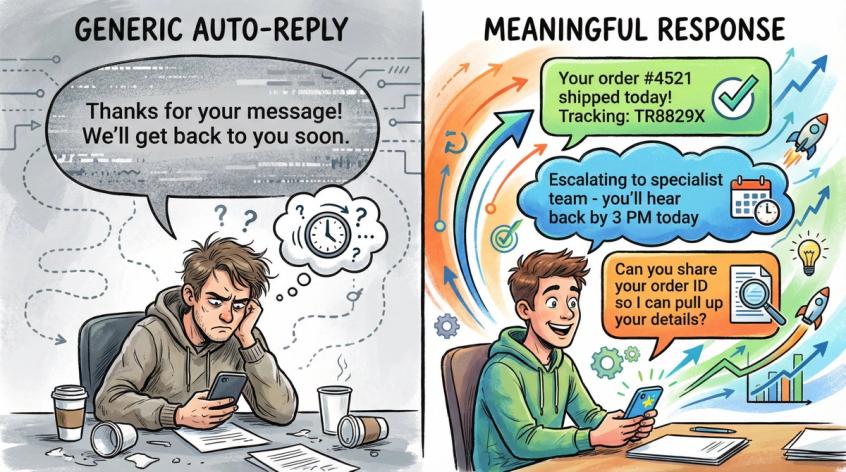 Split comparison showing generic auto-reply versus meaningful first response with three outcome types