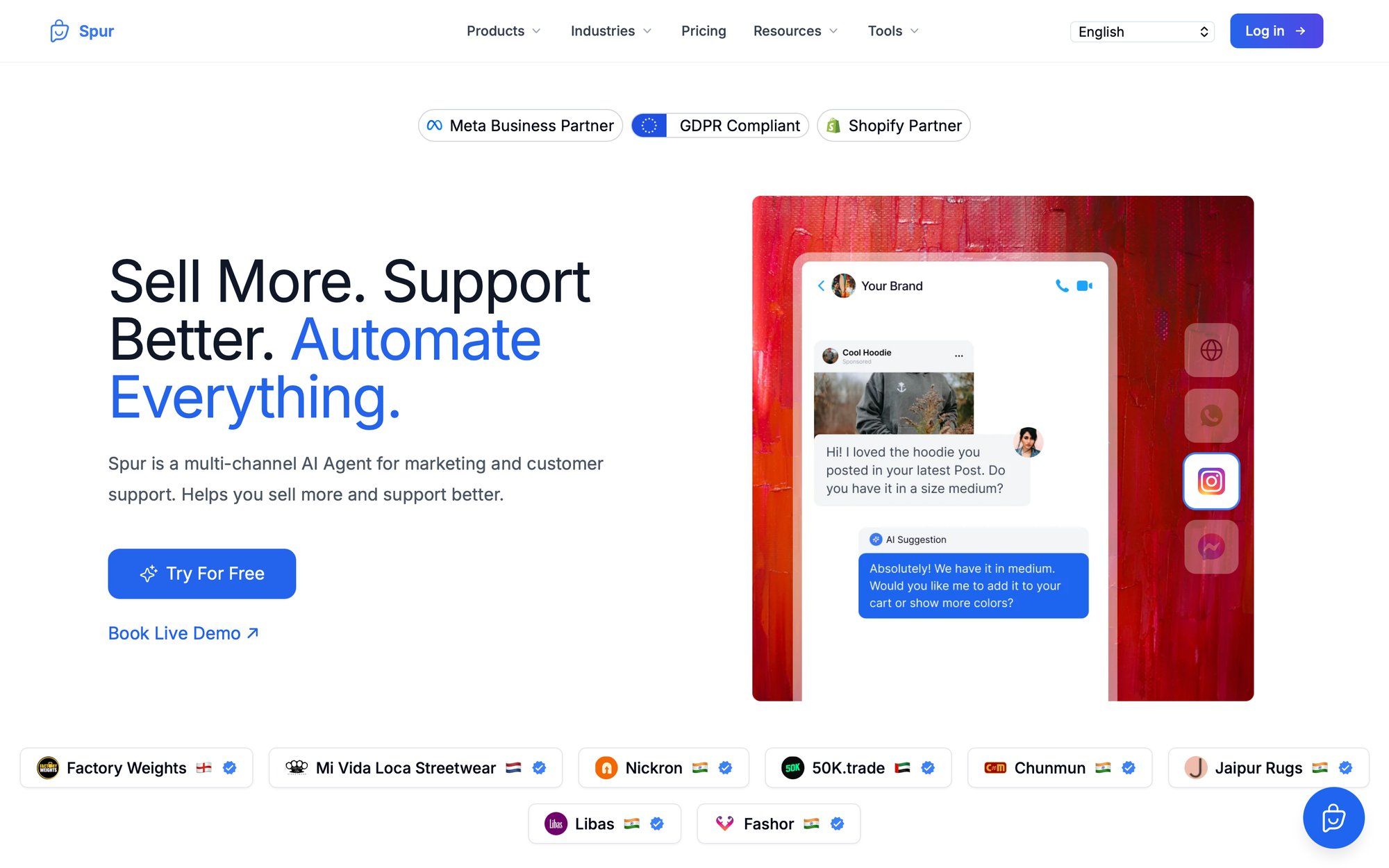 A screenshot of the Spur landing page, featuring a phone with an AI chat interface and partner logos.