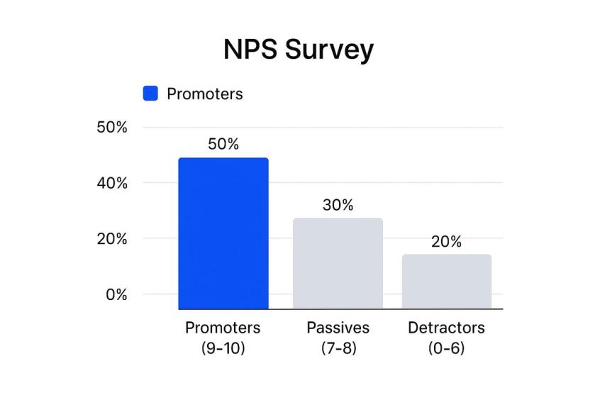 Infographic showing a bar chart of NPS response distribution: Promoters (45%), Passives (30%), and Detractors (25%).
