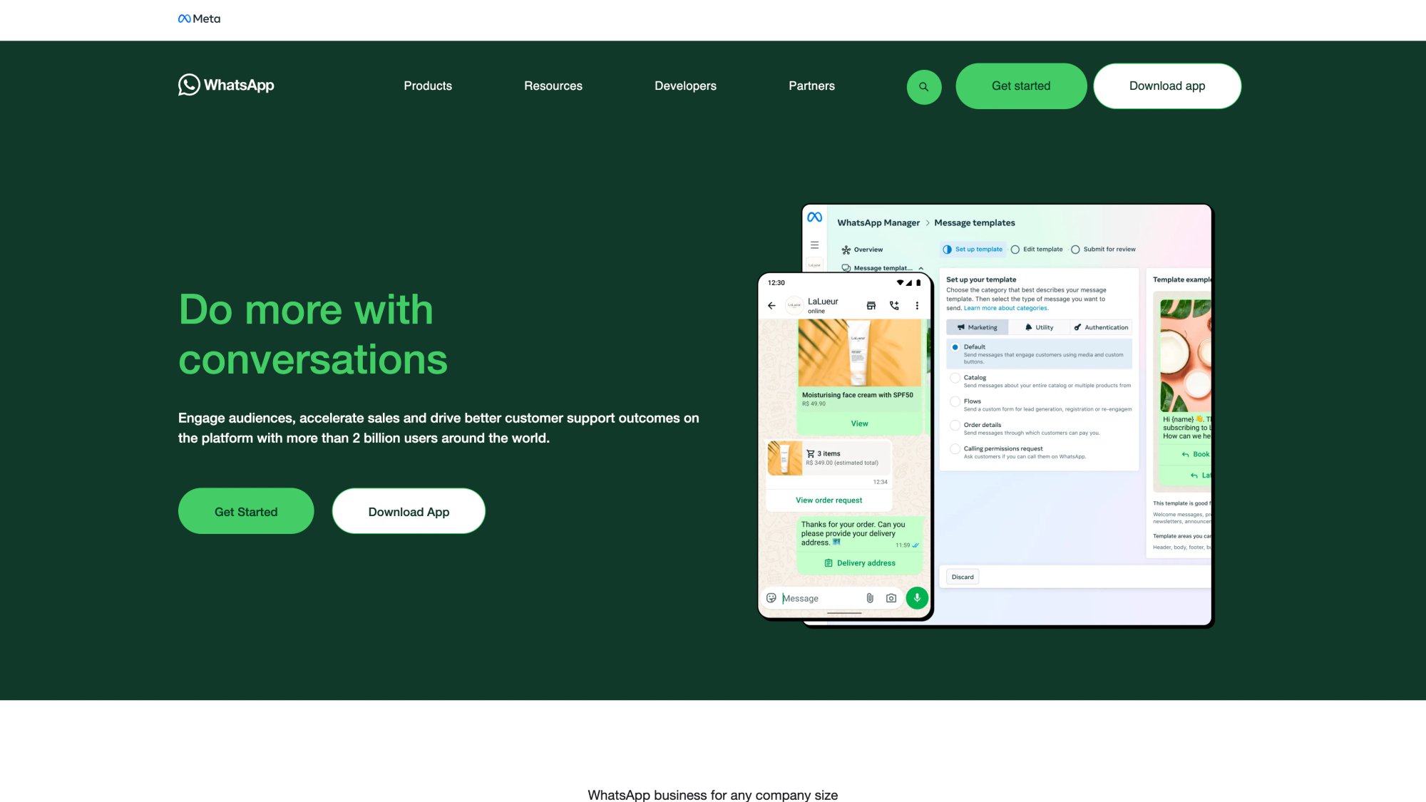 WhatsApp for Business official homepage showing "Do more with conversations" with message templates manager UI and 2 billion users social proof