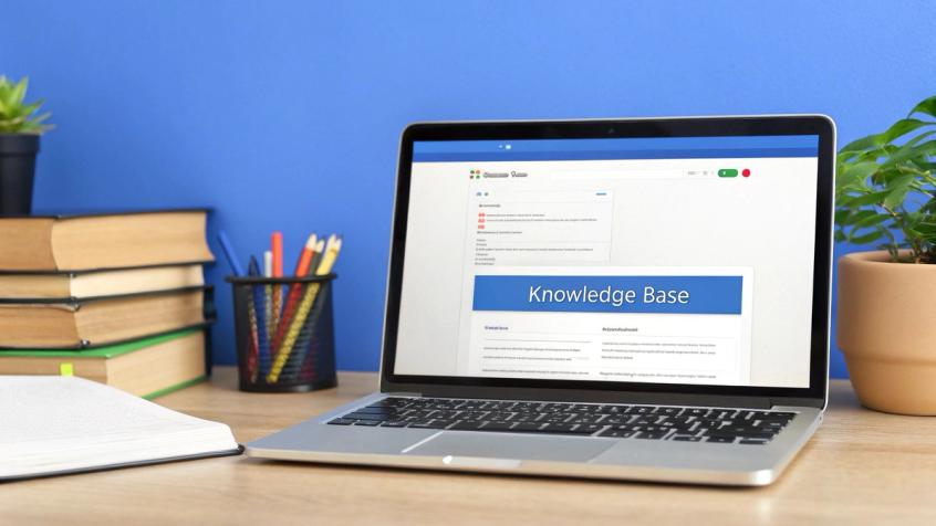 An agent adding a new article to a help desk knowledge base interface, with icons representing FAQs, tutorials, and troubleshooting guides.
