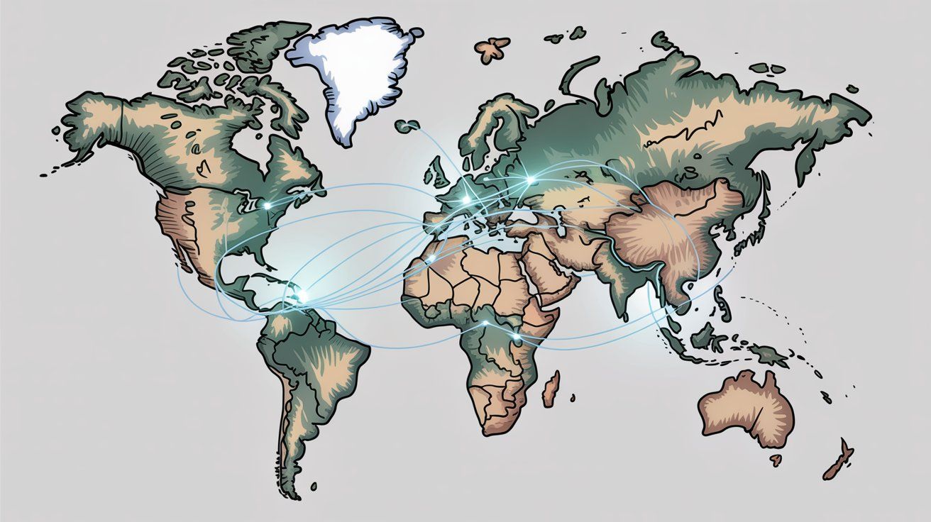 World map showing global business connections and language reach