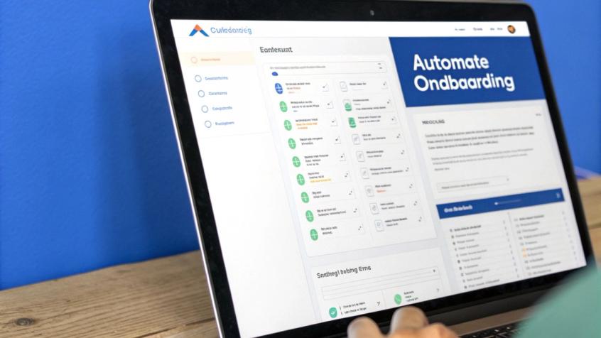 An illustration showing a user interacting with an automated onboarding flow on a laptop, with icons representing personalized guidance and support.