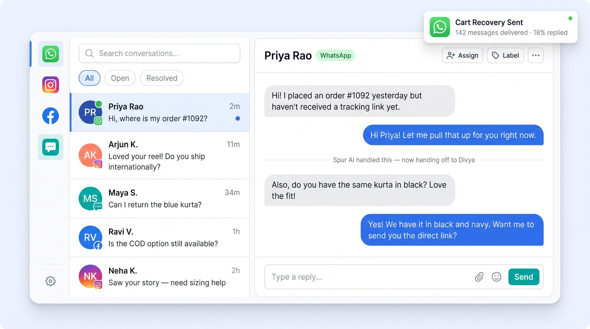 Spur unified shared inbox dashboard showing WhatsApp, Instagram, Facebook, and live chat conversations in one workspace