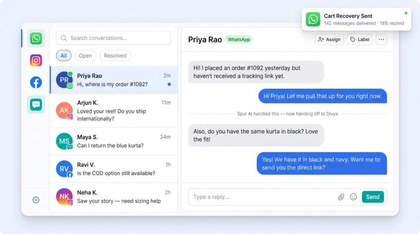 Spur unified shared inbox dashboard showing WhatsApp, Instagram, Facebook, and live chat conversations in one workspace