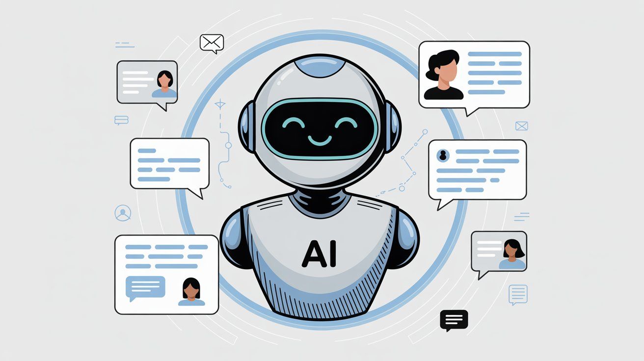 Friendly AI virtual agent coordinating multi-channel customer service conversations across chat, email, and messaging platforms