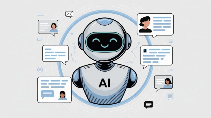 Friendly AI virtual agent coordinating multi-channel customer service conversations across chat, email, and messaging platforms
