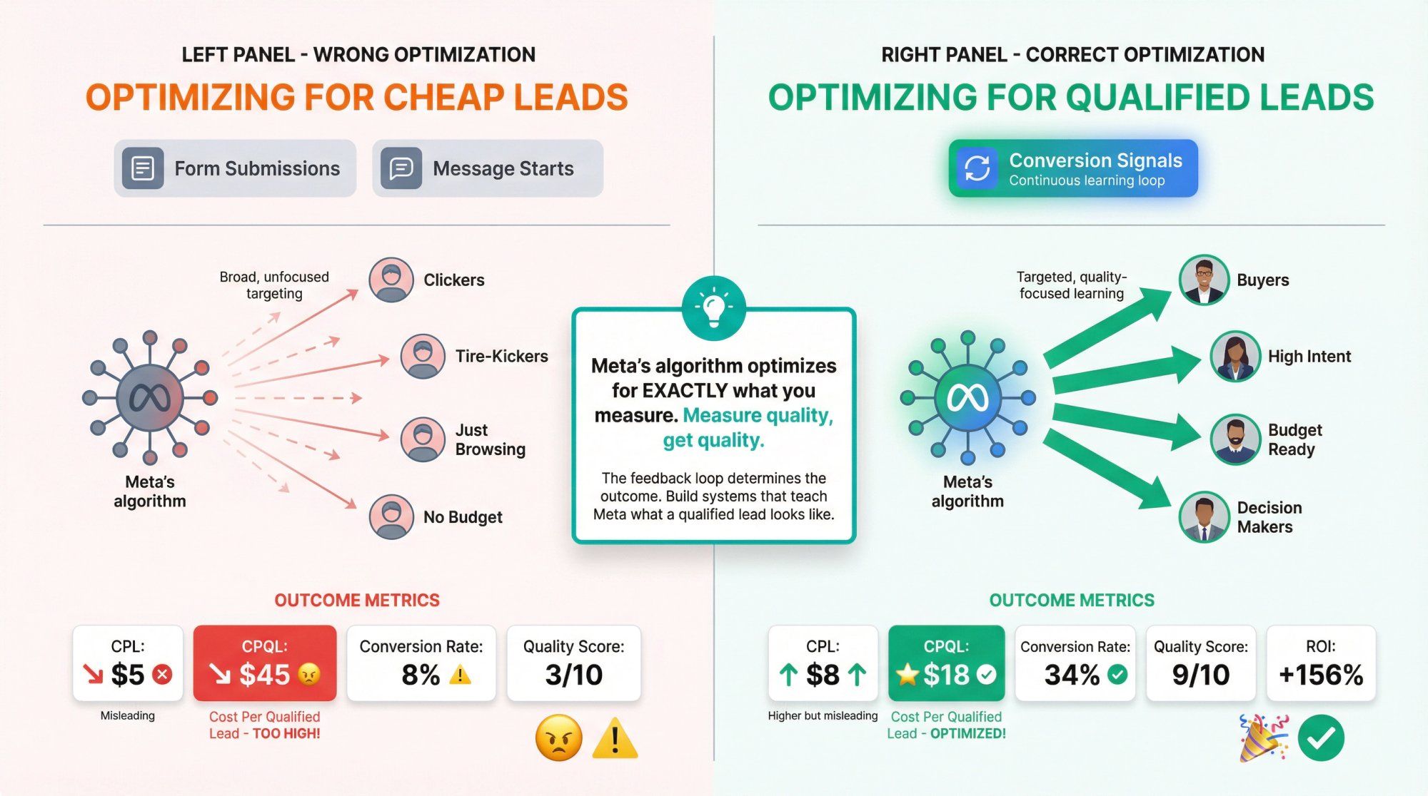 Split comparison showing Meta's algorithm optimizing for cheap leads versus qualified leads with performance metrics