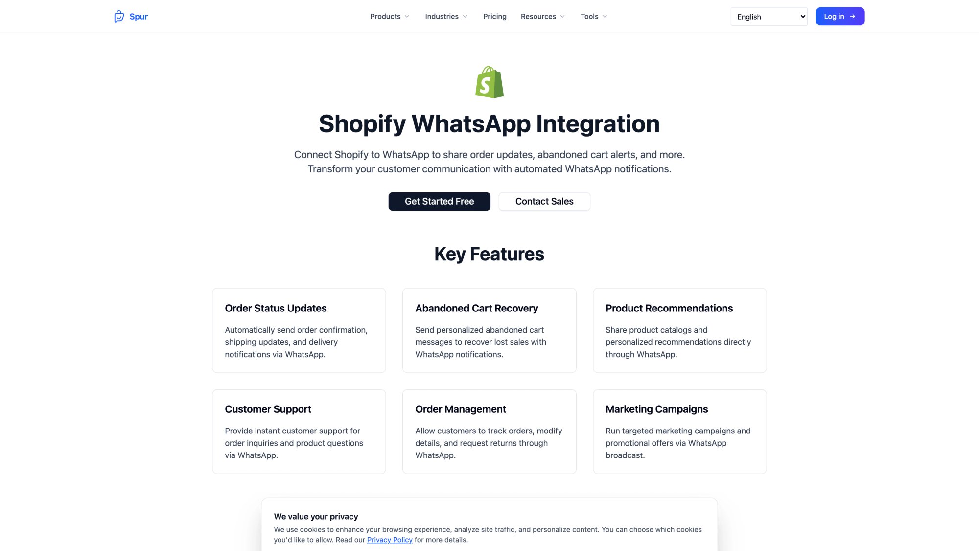 Spur's Shopify WhatsApp Integration page showing six key features: Order Status Updates, Abandoned Cart Recovery, Product Recommendations, Customer Support, Order Management, and Marketing Campaigns