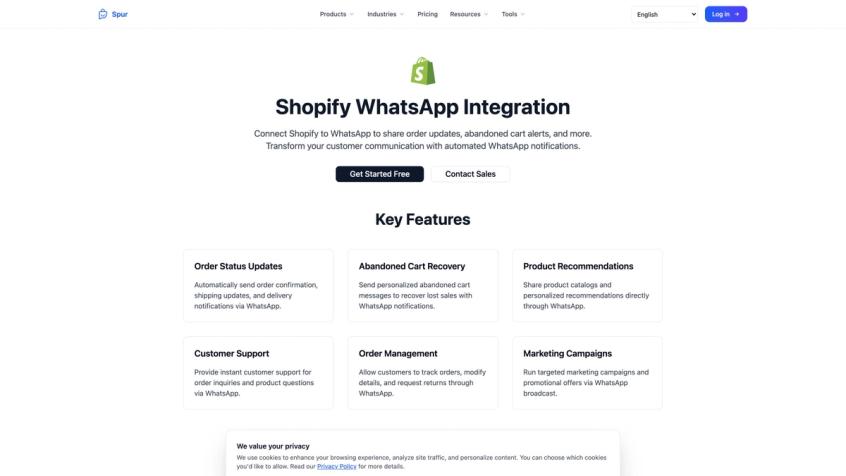 Spur's Shopify WhatsApp Integration page showing six key features: Order Status Updates, Abandoned Cart Recovery, Product Recommendations, Customer Support, Order Management, and Marketing Campaigns