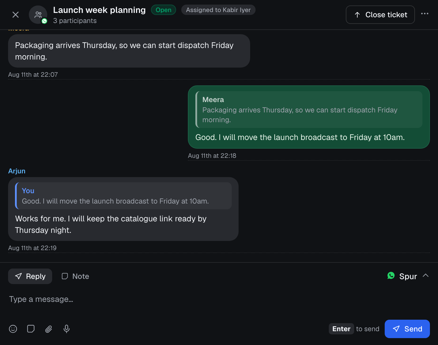 Spur inbox showing a WhatsApp group conversation with an assigned to badge