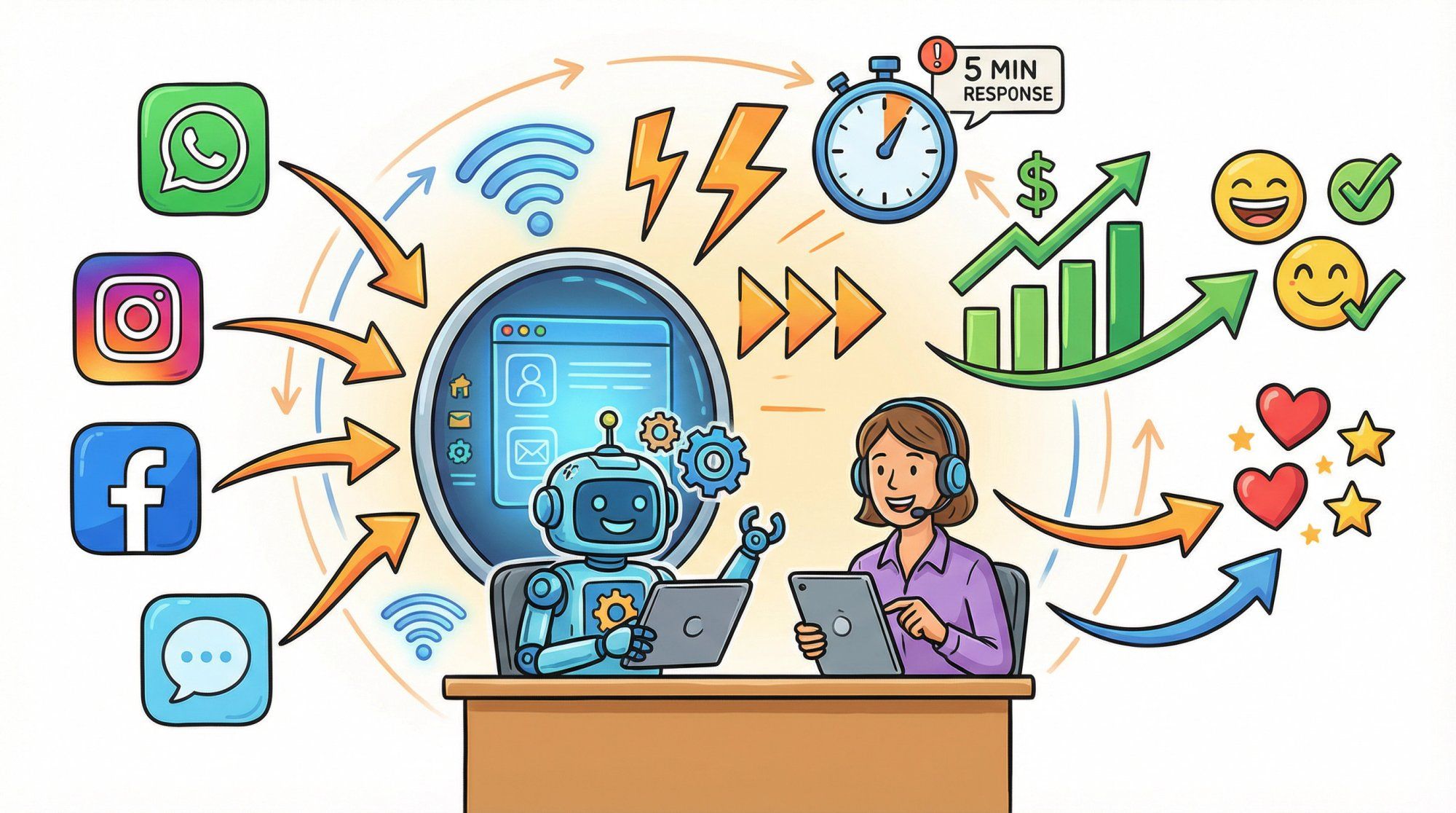 Hand-drawn vibrant editorial illustration showing a unified customer messaging platform bringing together WhatsApp, Instagram, live chat channels with AI automation and human agents working in harmony