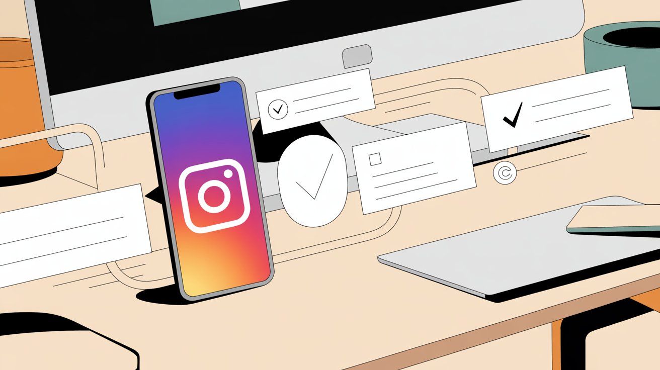 Instagram automation workspace with smartphone showing approved automation workflows and compliance checkmarks