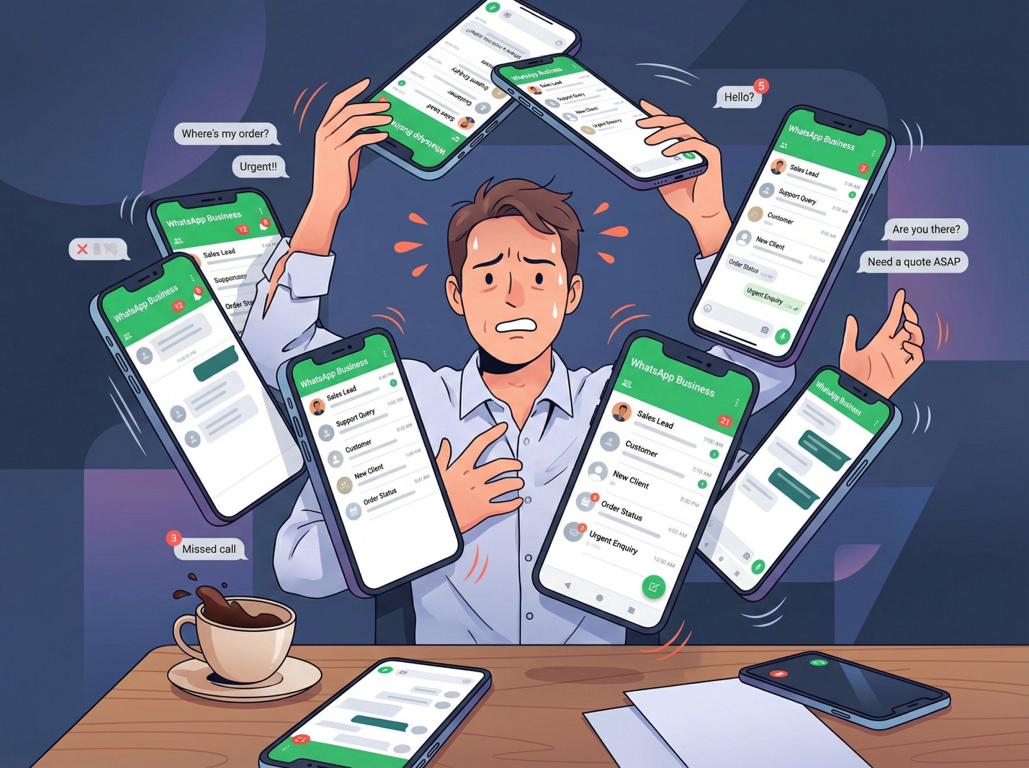 Overwhelmed business person juggling multiple smartphones with WhatsApp messages creating chaos and inefficiency