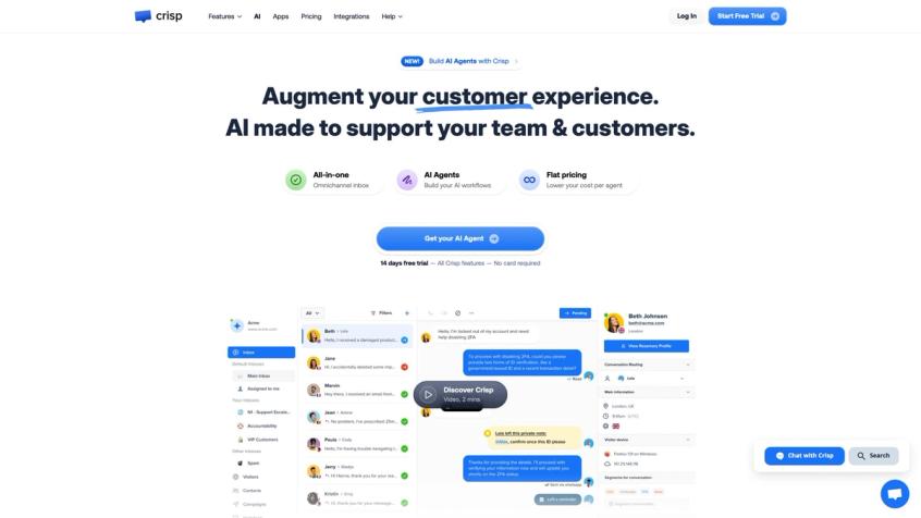Crisp homepage featuring unified live chat and AI chatbot platform with team collaboration inbox
