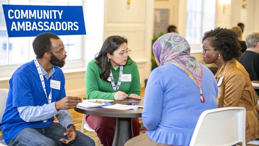 A diverse group of community ambassadors collaborating and planning together.