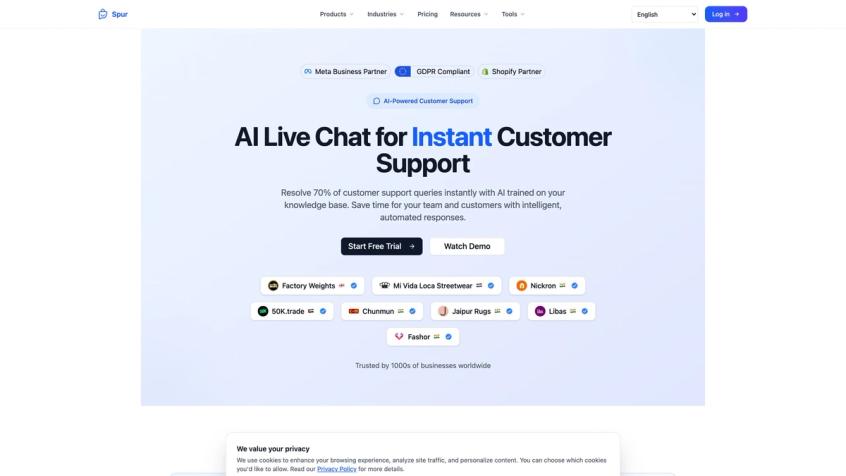 Spur live chat page: AI Live Chat for Instant Customer Support — Meta Business Partner, GDPR Compliant, Shopify Partner
