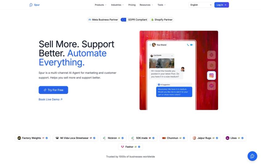 Spur platform homepage featuring unified inbox for WhatsApp, Instagram, Facebook, and Live Chat automation with AI agents