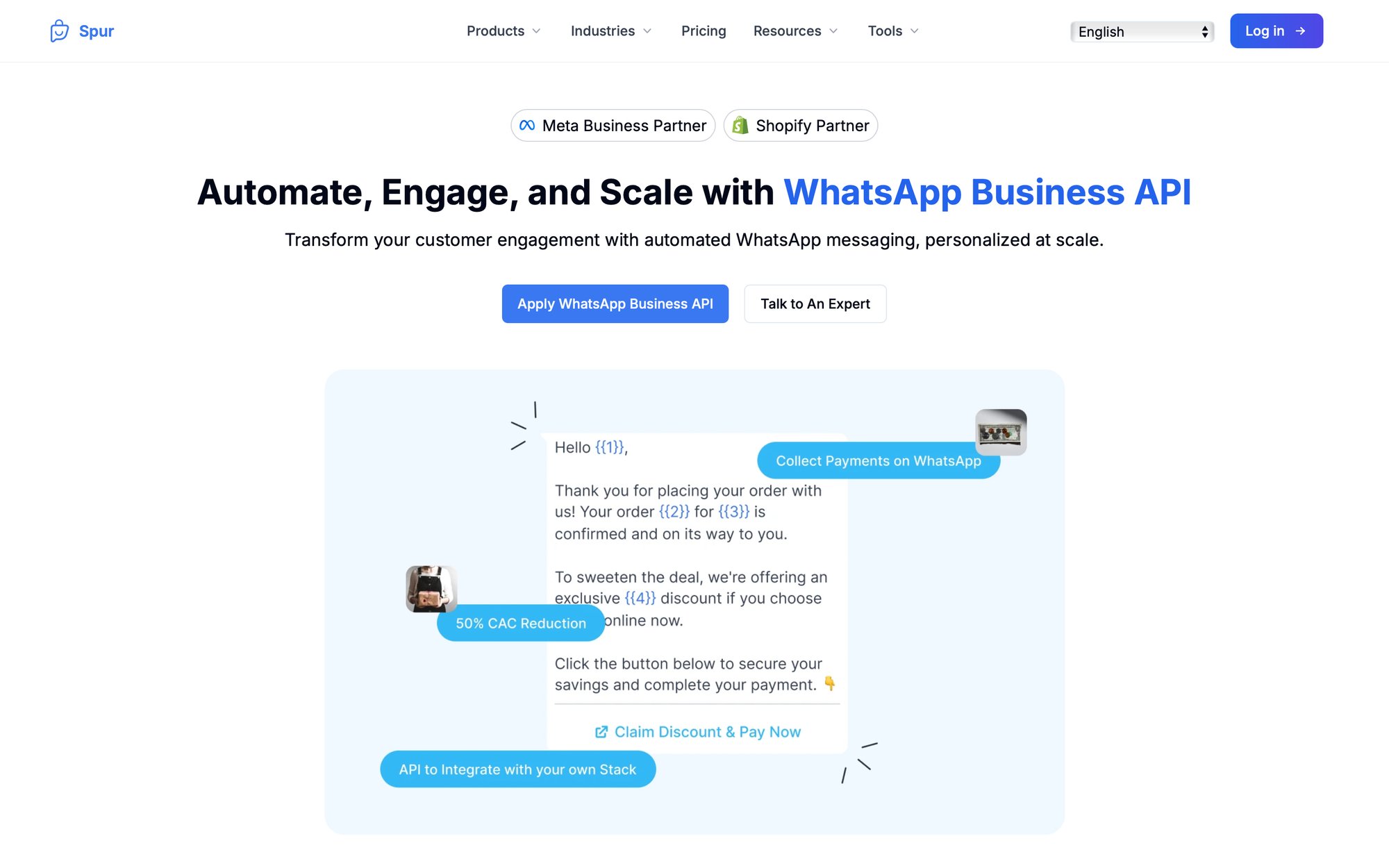 A webpage promoting WhatsApp Business API with a chat interface demonstrating automated order updates and payment collection.