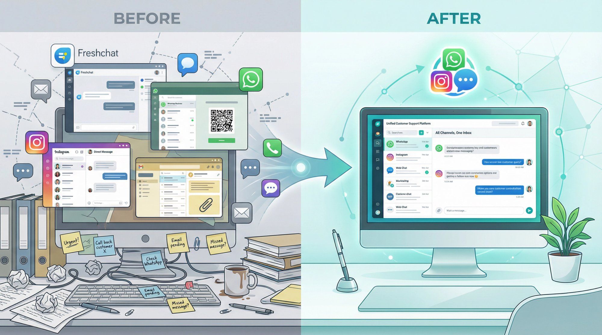Visual journey from fragmented chat tools (Freshchat, separate WhatsApp tool, Instagram DM manager, email client) on the left to a unified integrated platform interface on the right, showing WhatsApp, Instagram, and web chat icons converging into a single clean dashboard