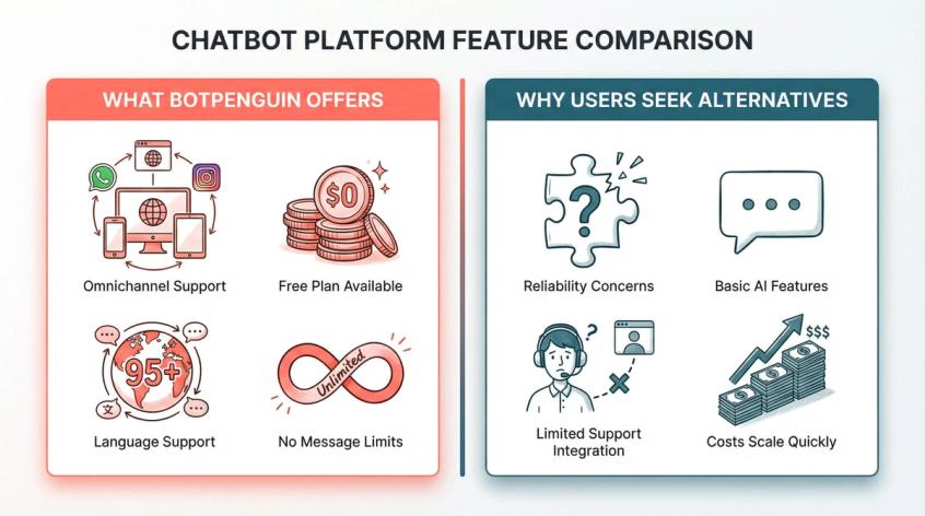 Split-panel comparison showing BotPenguin's strengths on left and key limitations on right that drive users to alternatives