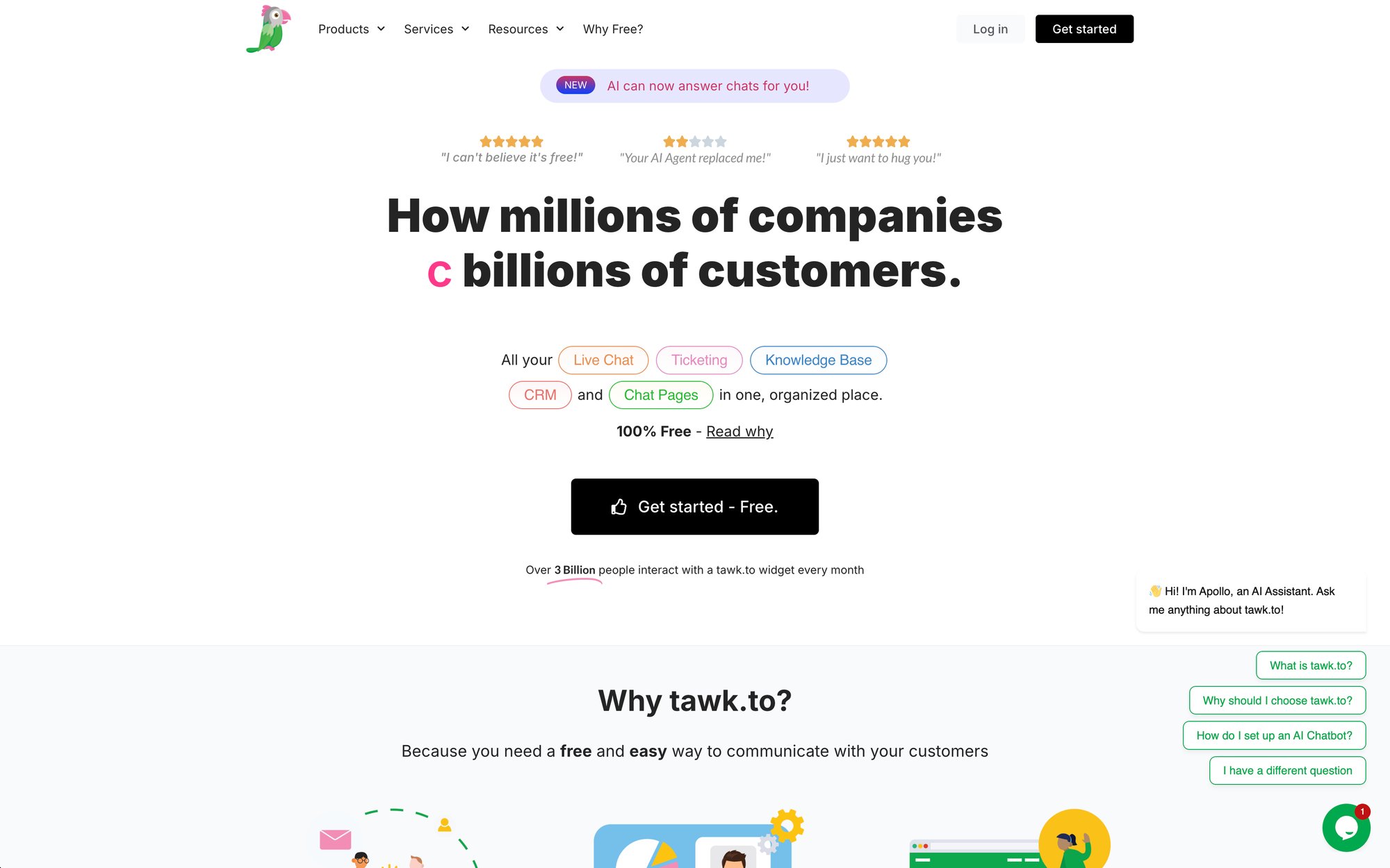 Tawk.to homepage displaying live chat, CRM, and knowledge base features for free customer communication.
