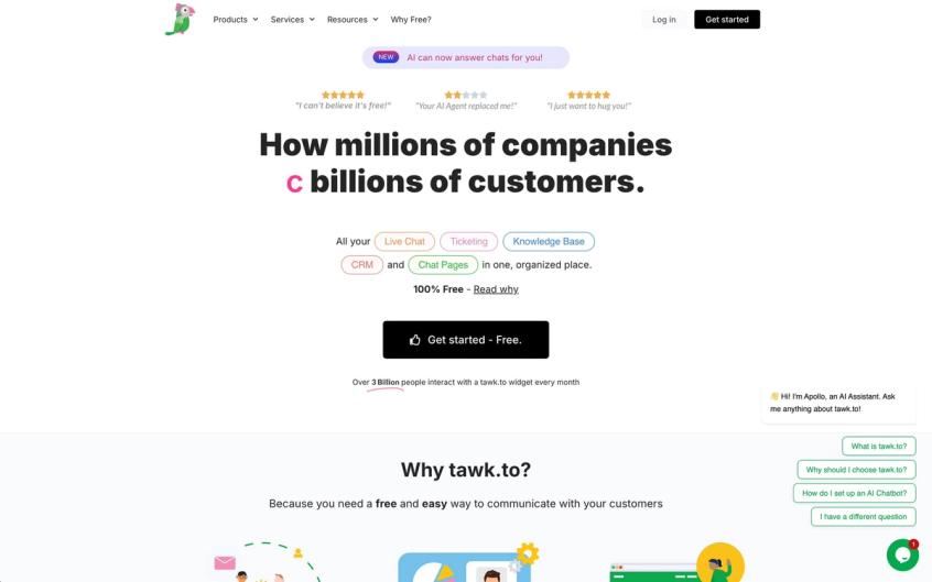Tawk.to homepage displaying live chat, CRM, and knowledge base features for free customer communication.