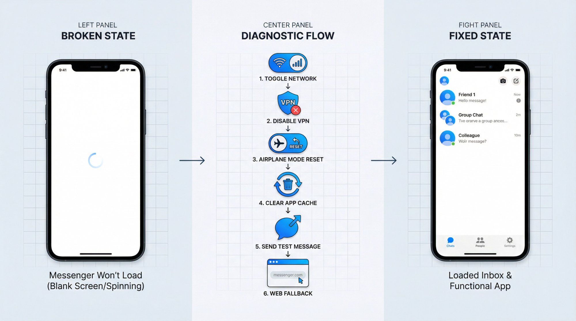 Messenger blank screen troubleshooting flowchart showing network fixes from loading state to working app