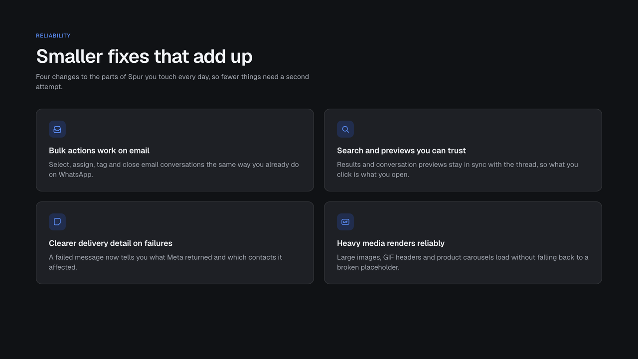 Smaller fixes: bulk actions on email, steadier search, clearer failures