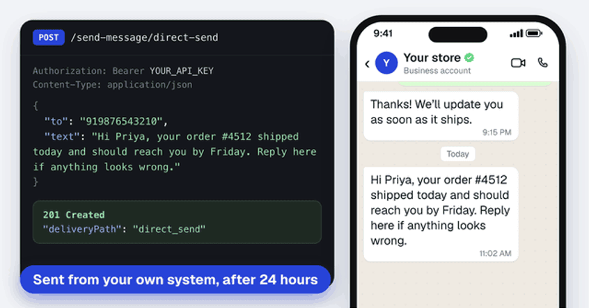 A request to Spur’s Direct Send API, and the order update arriving as a normal WhatsApp message two days after the customer last wrote