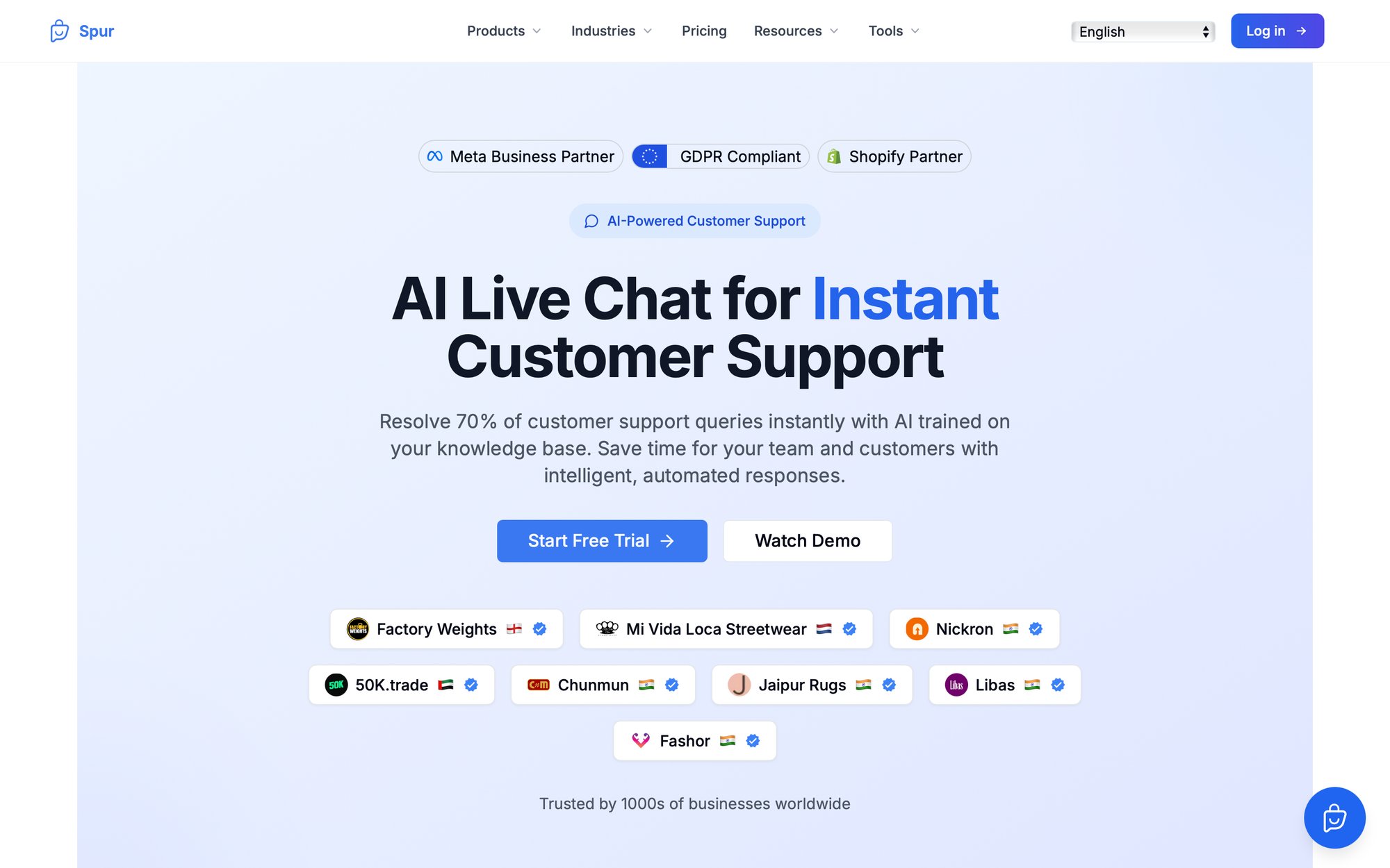 Spur homepage showcasing AI live chat for instant customer support, partnerships, and customer logos.