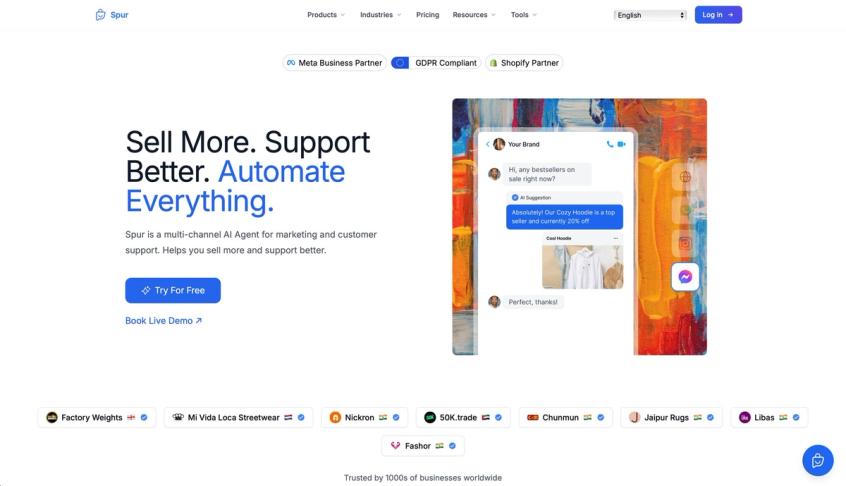 Spur AI agent website displaying multi-channel support with chat demo, partner badges, and client logos.
