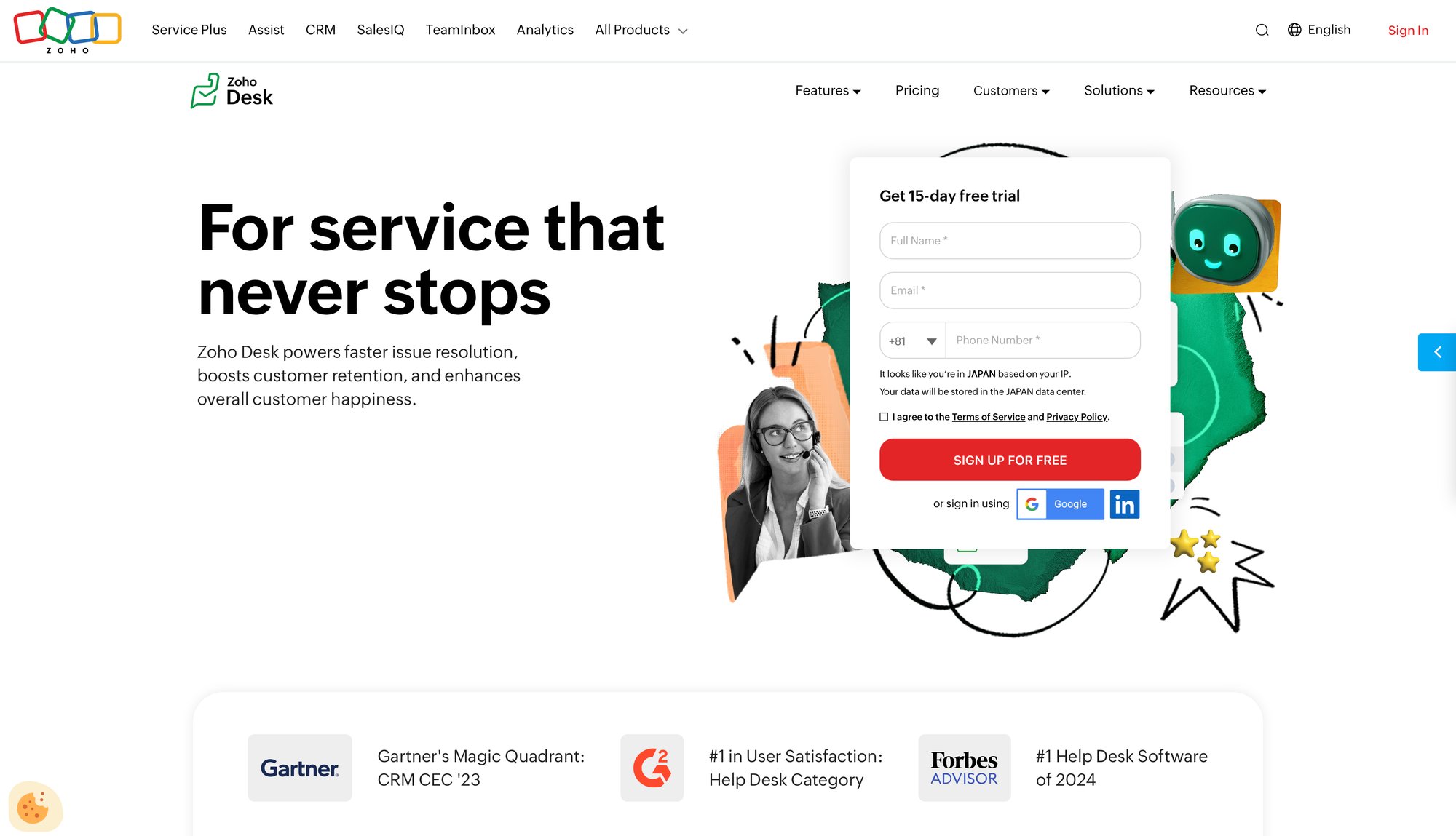 A Zoho Desk landing page featuring a sign-up form for a free trial, customer support agent, and industry awards.